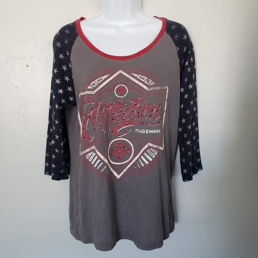 American Fighter Women's Medium Raglan T-shirt Red White Blue Star Grey Body Top